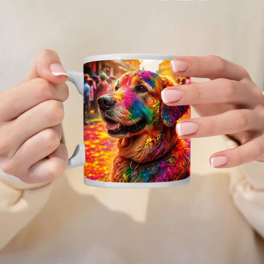 Golden Retriever Covered in Holi Festival Colors – Mugs