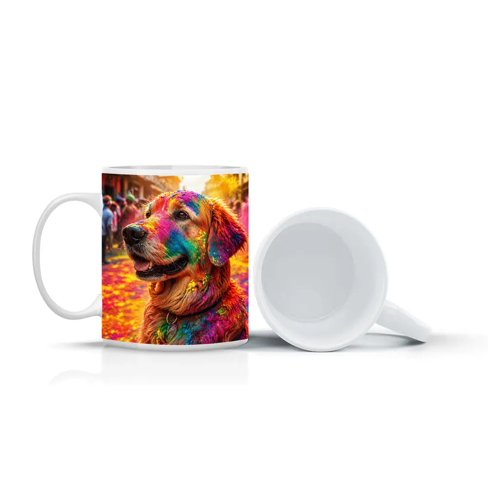Golden Retriever Covered in Holi Festival Colors – Mugs