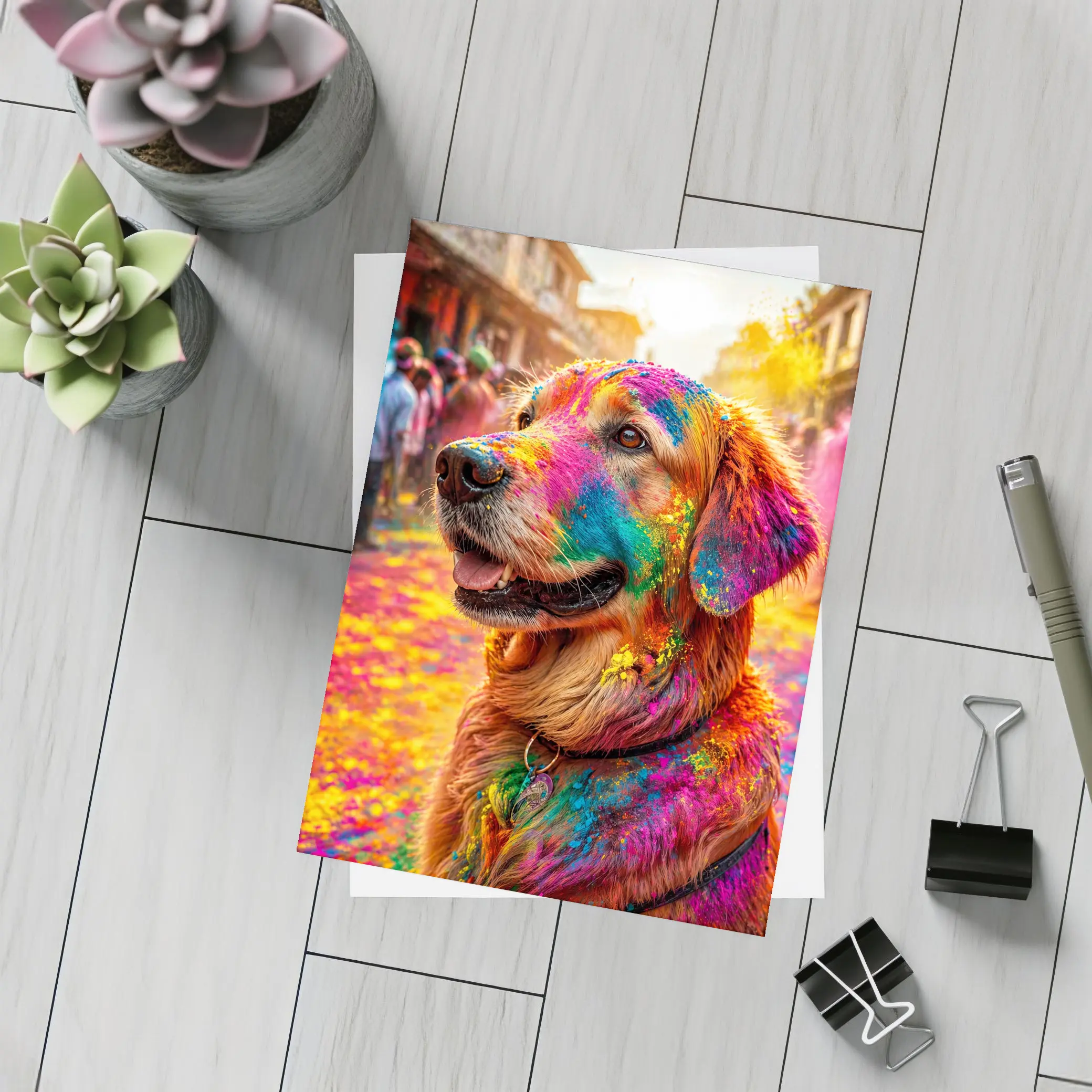 Golden Retriever Covered in Holi Festival Colors – Postcards