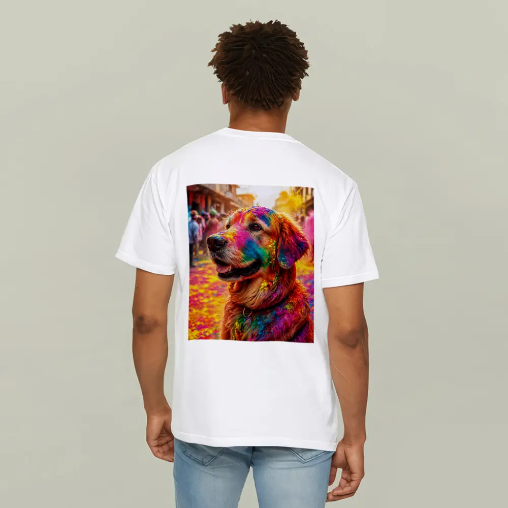 Golden Retriever Covered in Holi Festival Colors – T-Shirts