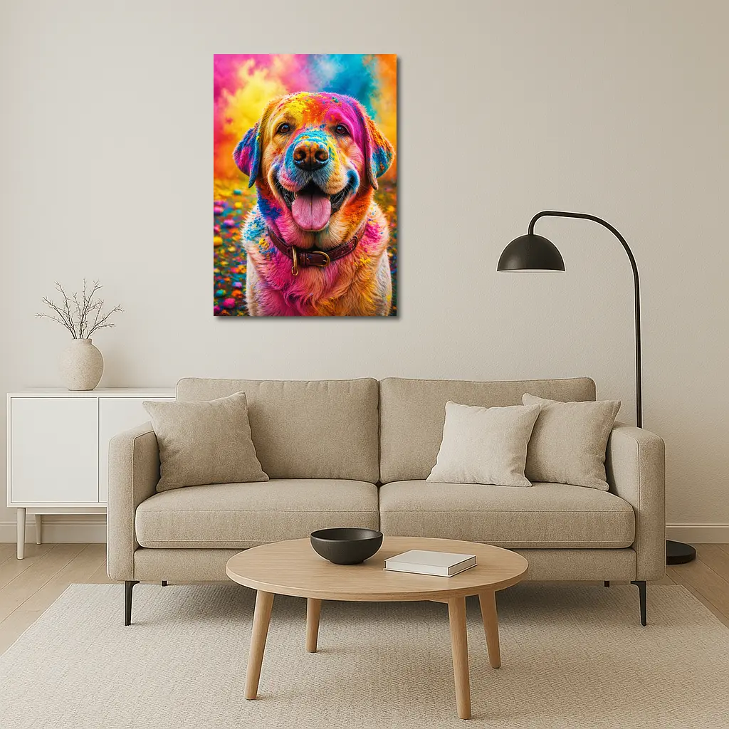 Golden Retriever Covered In Colorful Holi Powder – Wall Art