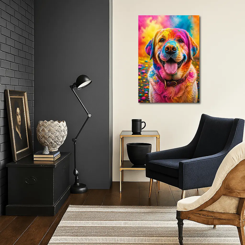 Golden Retriever Covered In Colorful Holi Powder – Wall Art