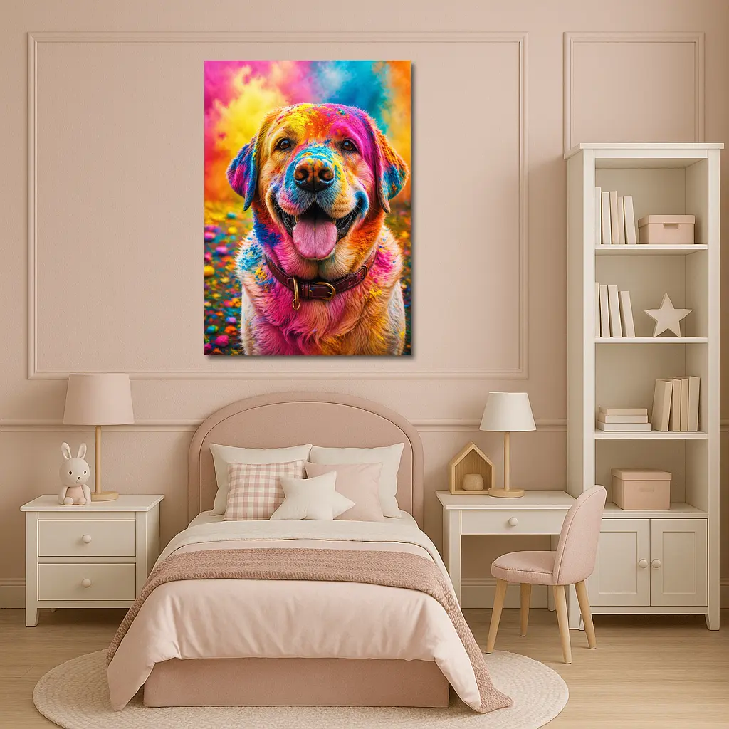 Golden Retriever Covered In Colorful Holi Powder – Wall Art