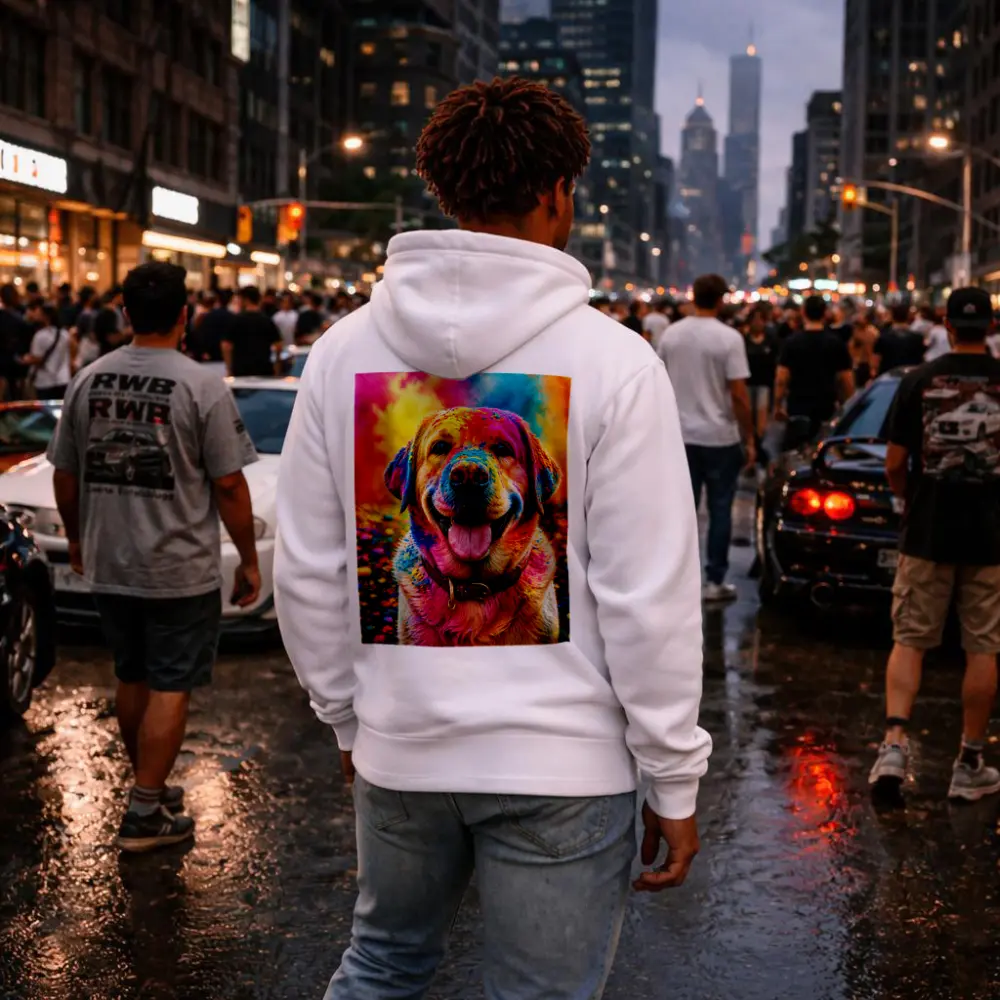 Golden Retriever Covered In Colorful Holi Powder – Hoodies