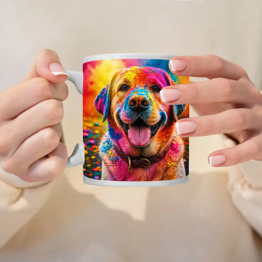 Golden Retriever Covered In Colorful Holi Powder – Mugs