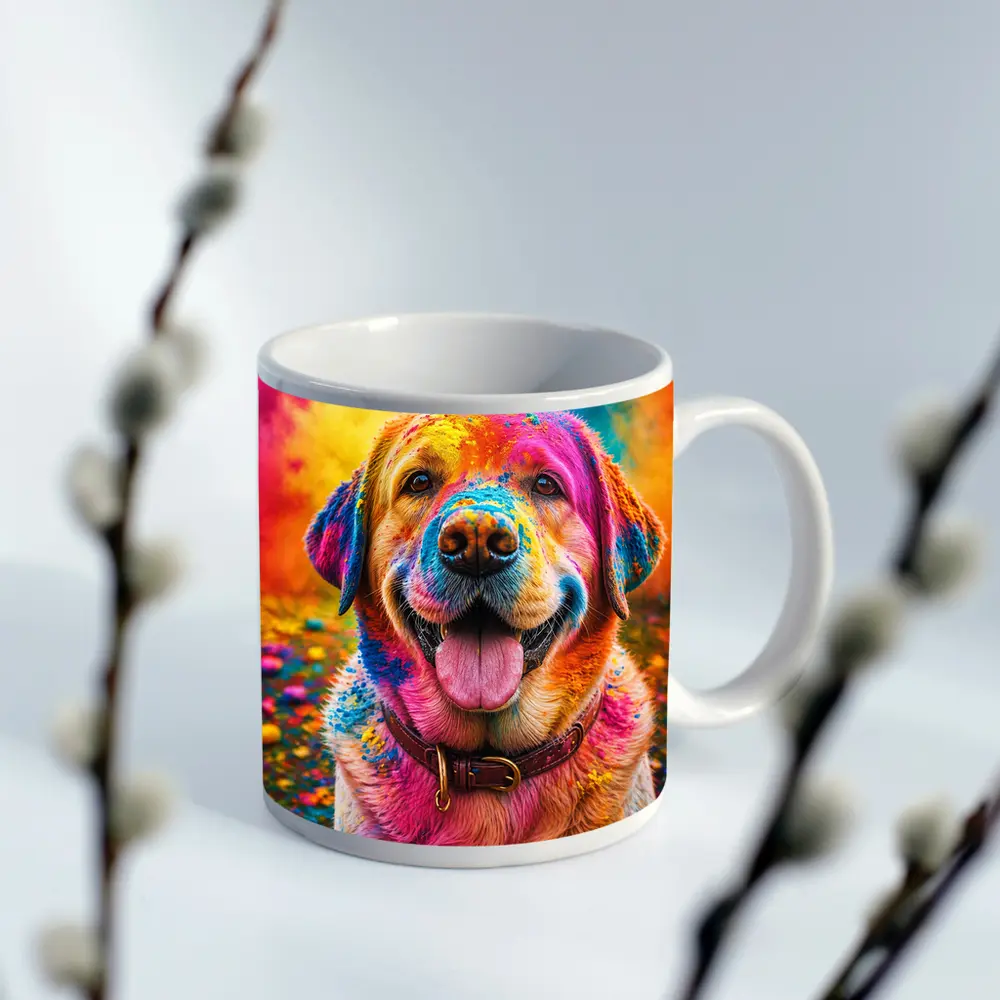 Golden Retriever Covered In Colorful Holi Powder – Mugs