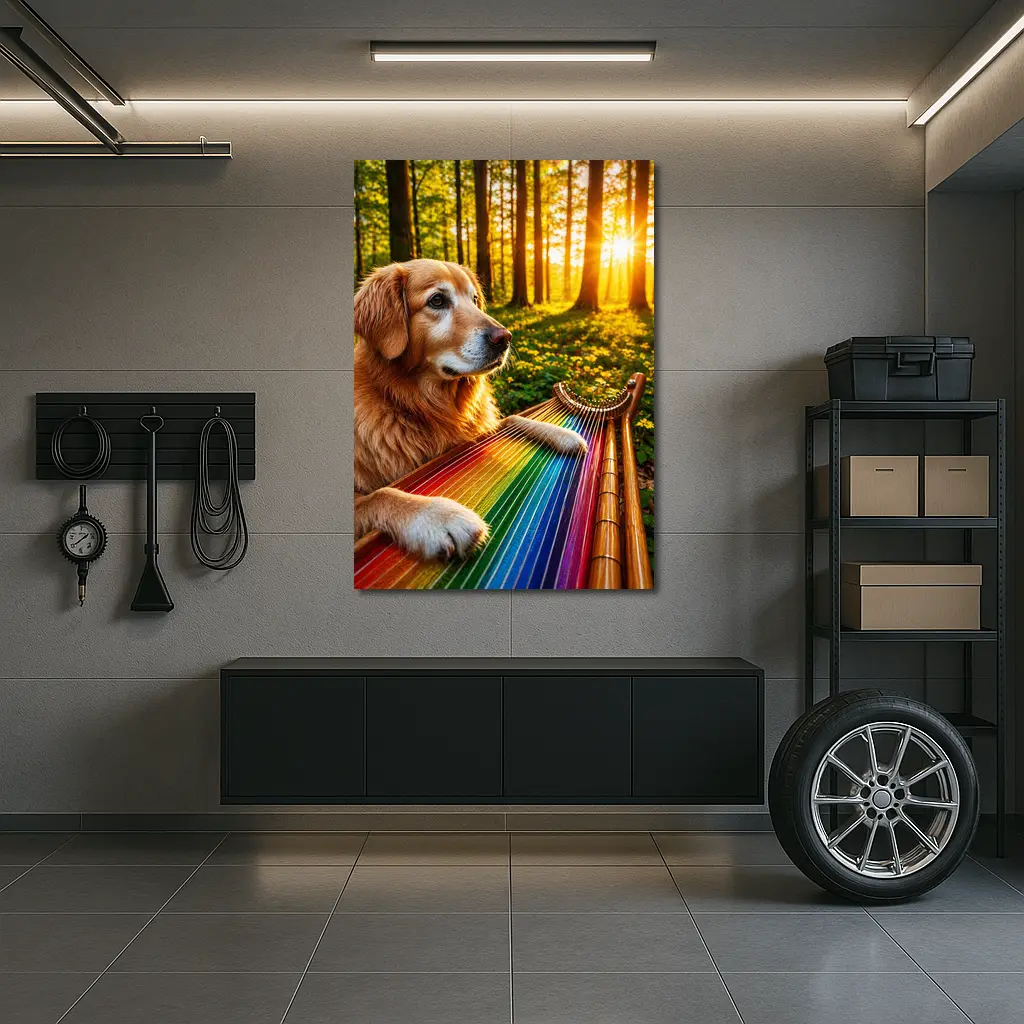 Golden Retriever Playing Rainbow Harp Forest – Wall Art