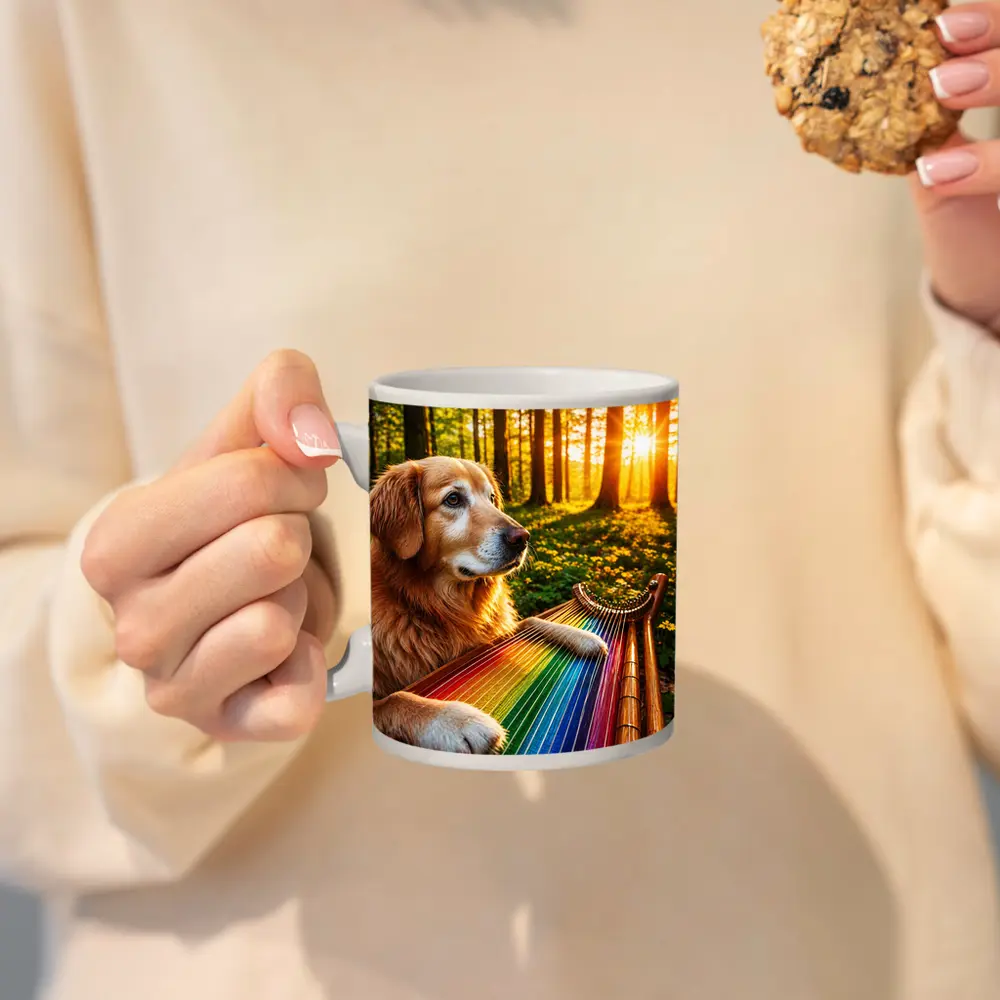 Golden Retriever Playing Rainbow Harp Forest – Mugs