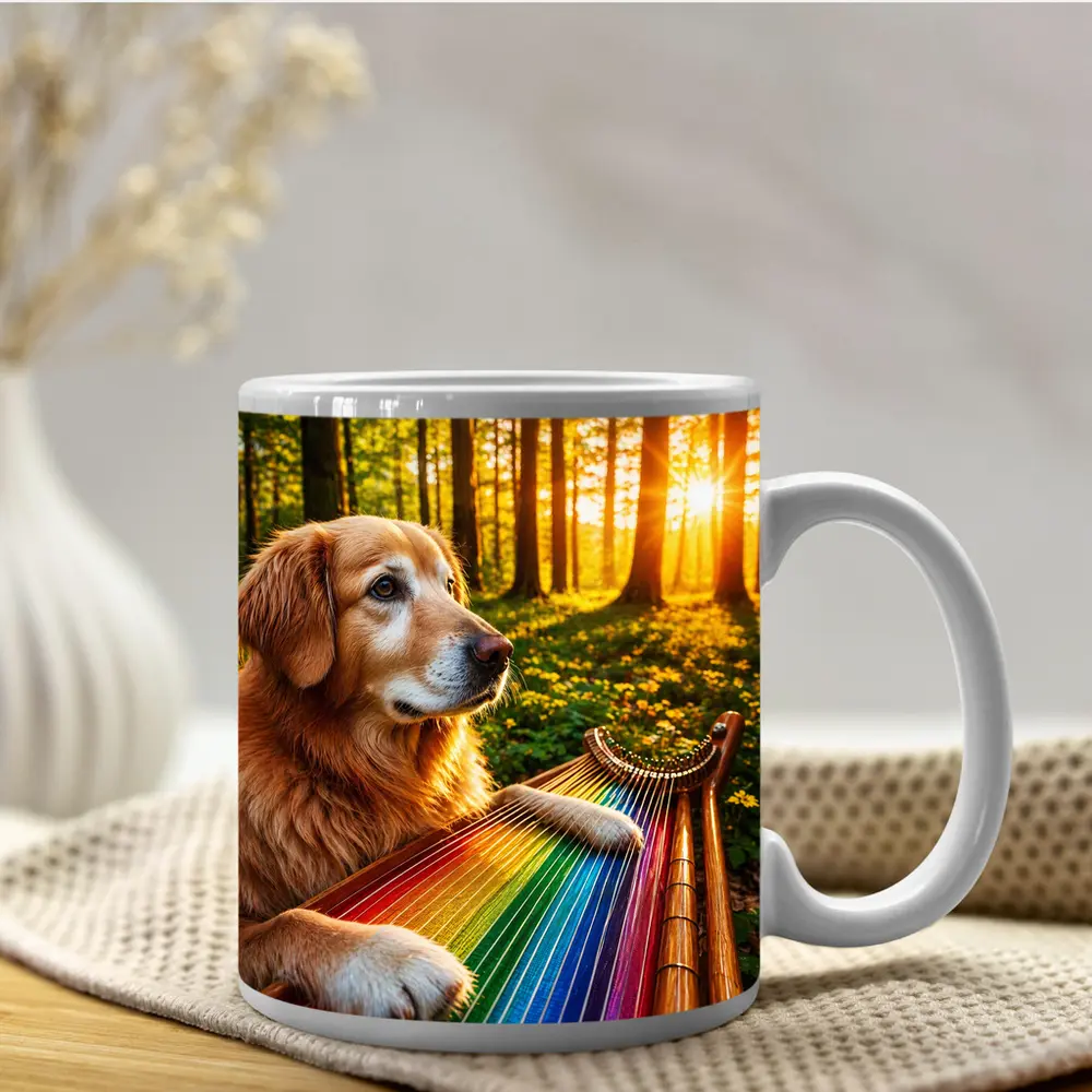 Golden Retriever Playing Rainbow Harp Forest – Mugs