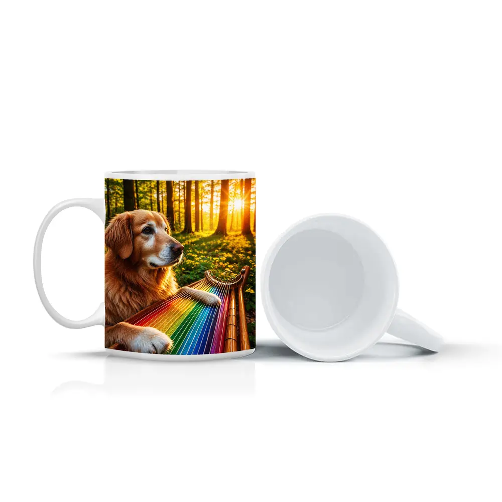 Golden Retriever Playing Rainbow Harp Forest – Mugs