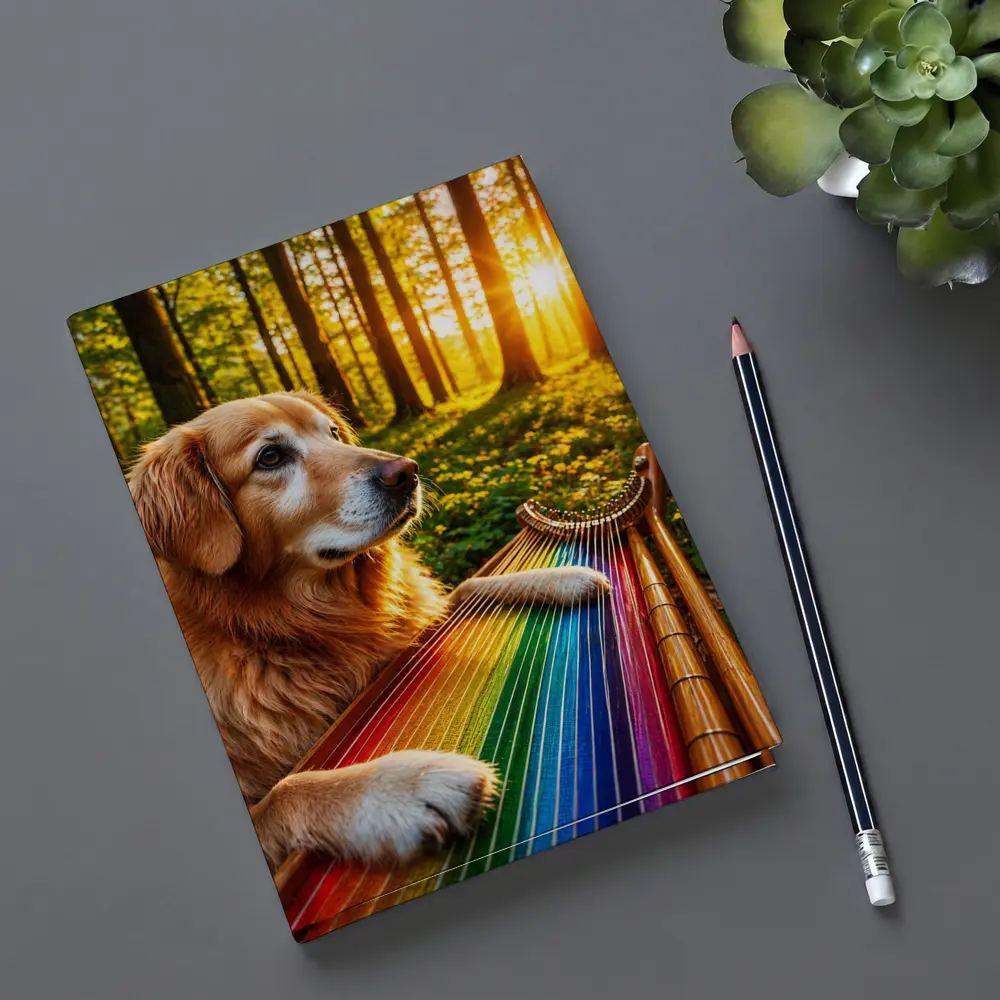 Golden Retriever Playing Rainbow Harp Forest – Notebooks