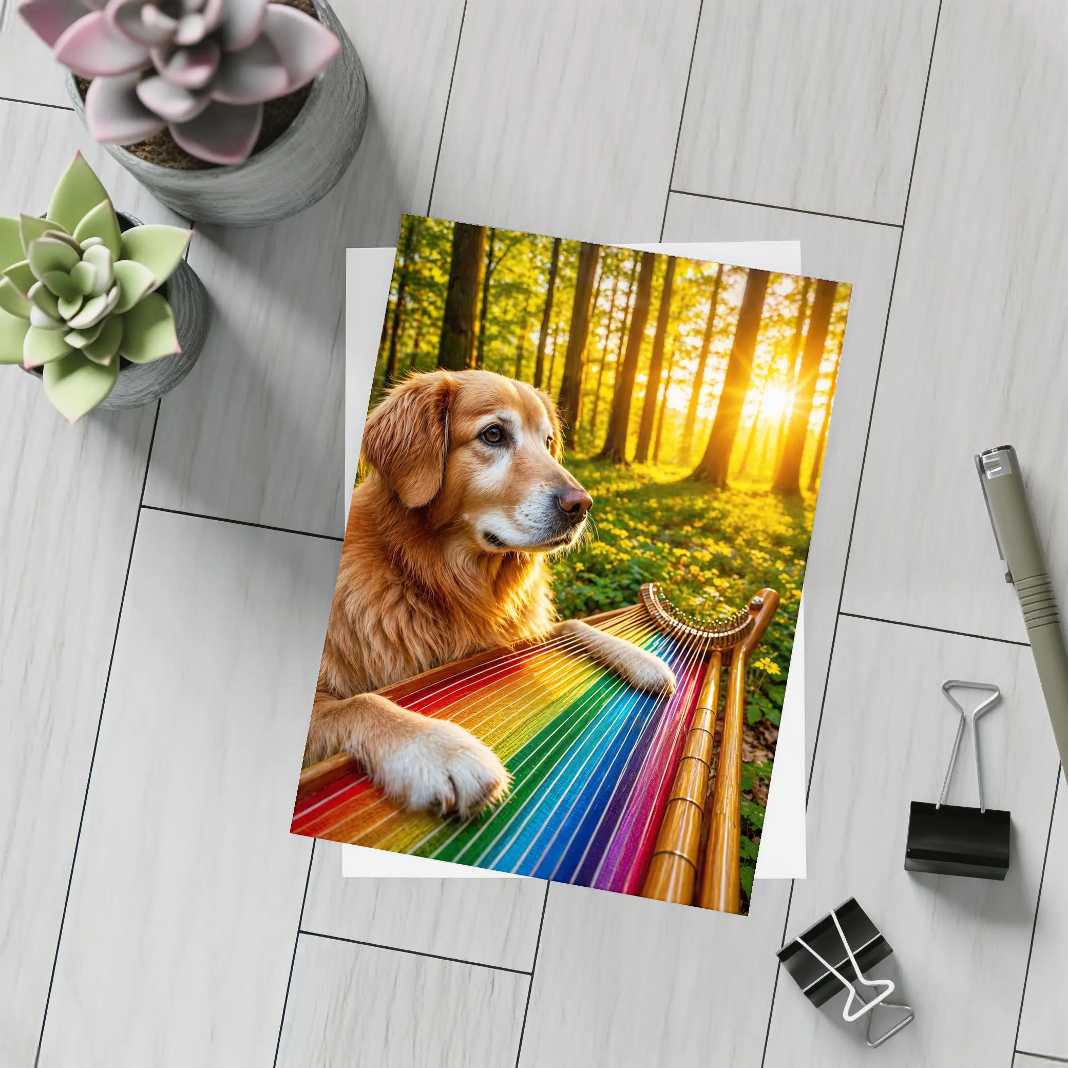 Golden Retriever Playing Rainbow Harp Forest – Postcards