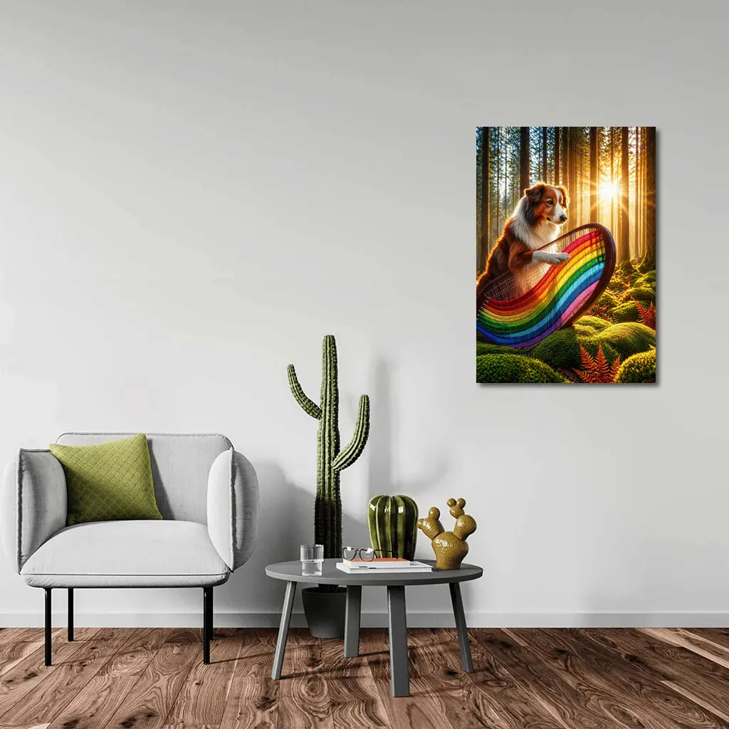 Australian Shepherd Playing Harp Sunlit Forest – Wall Art