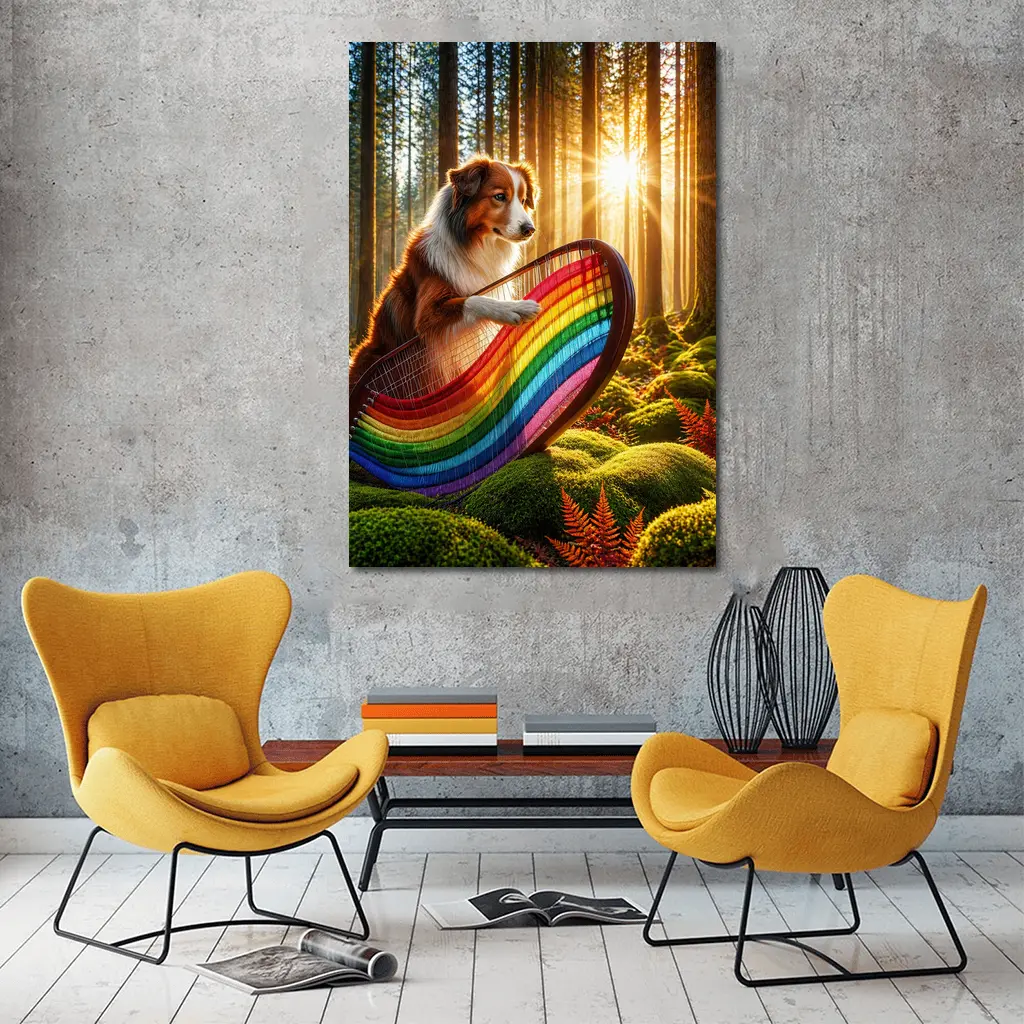 Australian Shepherd Playing Harp Sunlit Forest – Wall Art