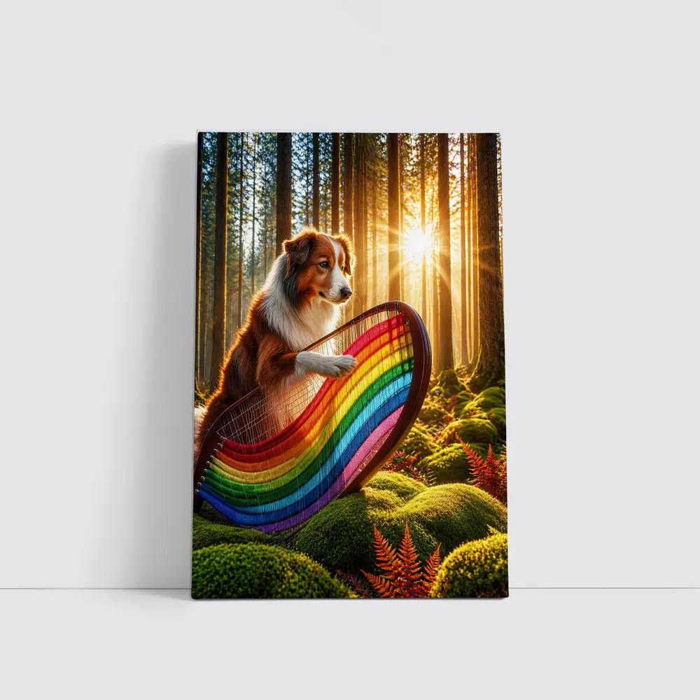 Australian Shepherd Playing Harp Sunlit Forest – Wall Art
