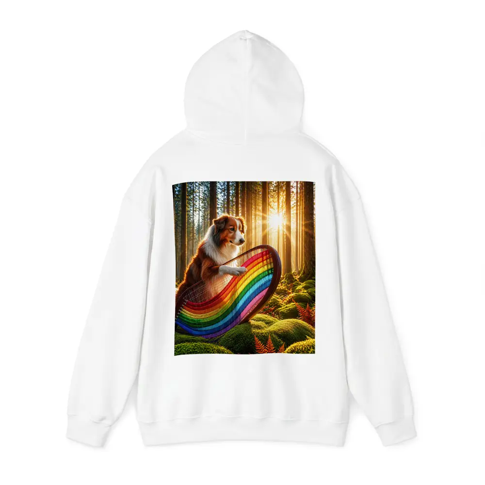 Australian Shepherd Playing Harp Sunlit Forest – Hoodies