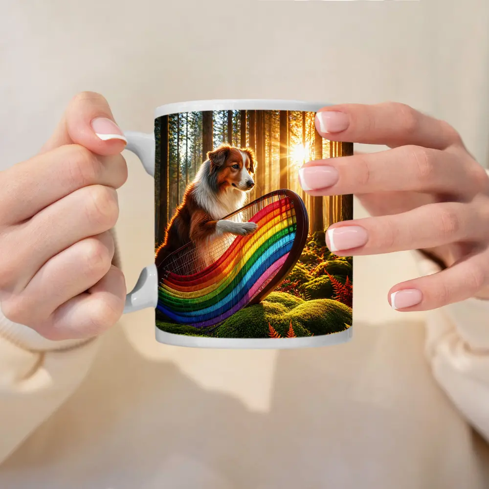 Australian Shepherd Playing Harp Sunlit Forest – Mugs
