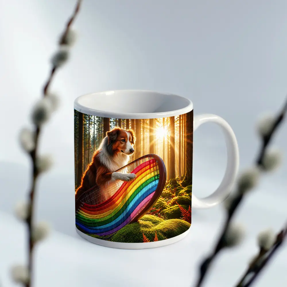Australian Shepherd Playing Harp Sunlit Forest – Mugs