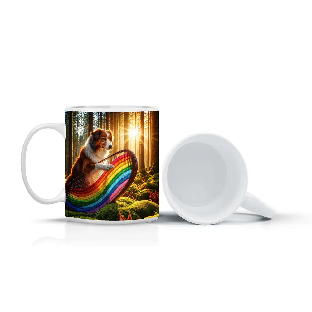 Australian Shepherd Playing Harp Sunlit Forest – Mugs