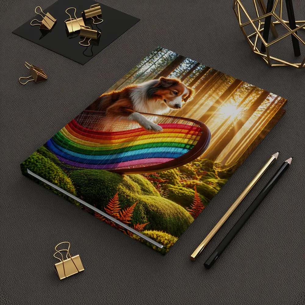 Australian Shepherd Playing Harp Sunlit Forest – Notebooks