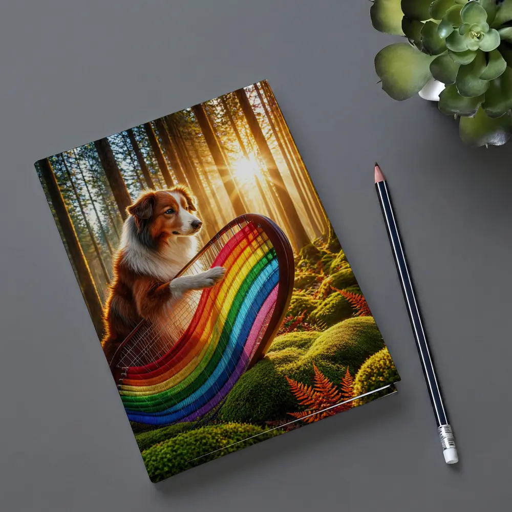 Australian Shepherd Playing Harp Sunlit Forest – Notebooks