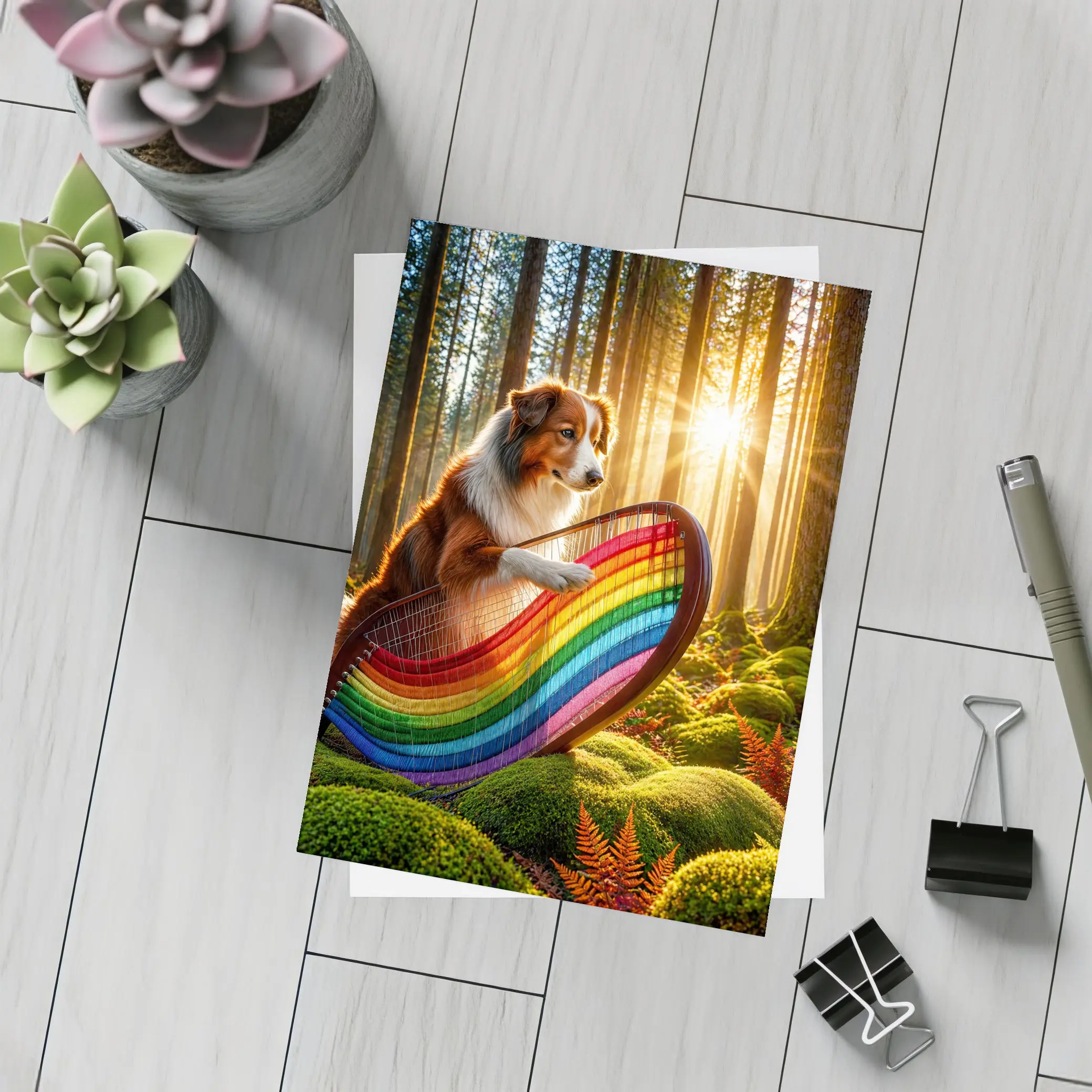 Australian Shepherd Playing Harp Sunlit Forest – Postcards