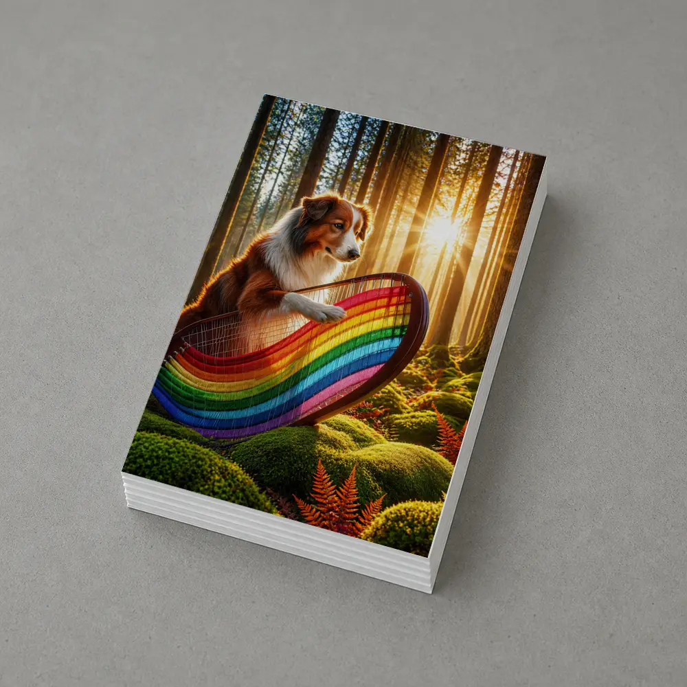 Australian Shepherd Playing Harp Sunlit Forest – Postcards