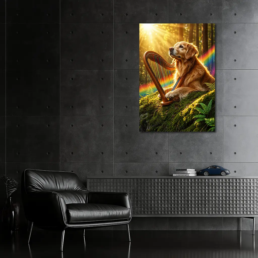 Golden Retriever Playing Harp Sunny Forest – Wall Art