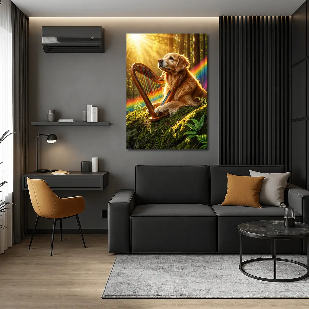 Golden Retriever Playing Harp Sunny Forest – Wall Art