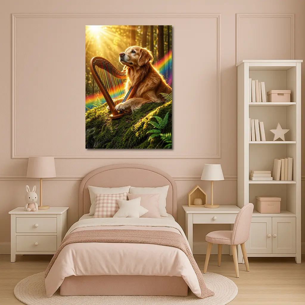 Golden Retriever Playing Harp Sunny Forest – Wall Art