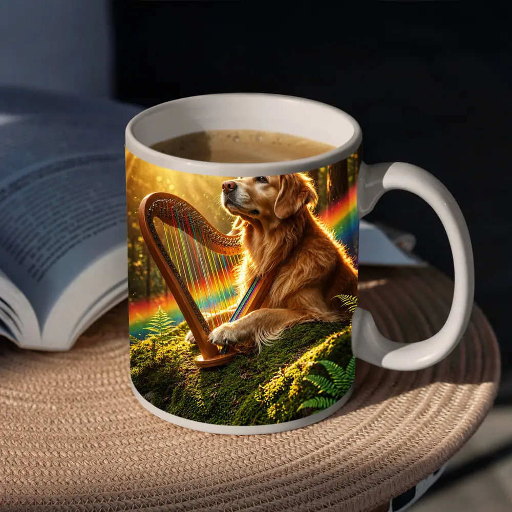 Golden Retriever Playing Harp Sunny Forest – Mugs