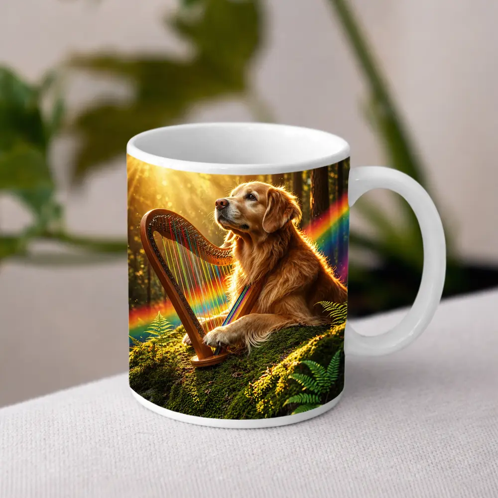 Golden Retriever Playing Harp Sunny Forest – Mugs