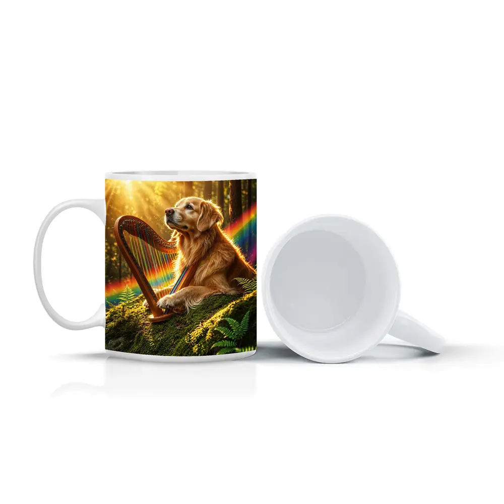Golden Retriever Playing Harp Sunny Forest – Mugs