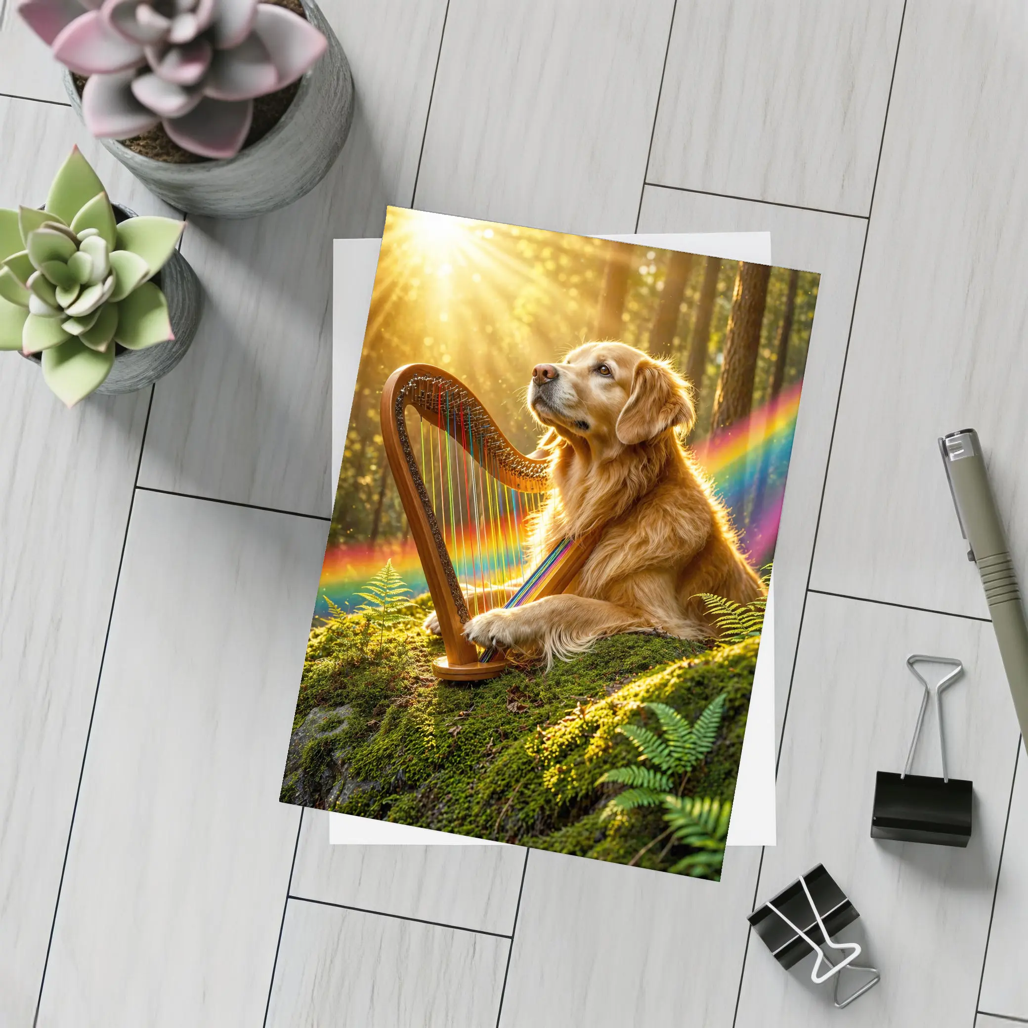 Golden Retriever Playing Harp Sunny Forest – Postcards