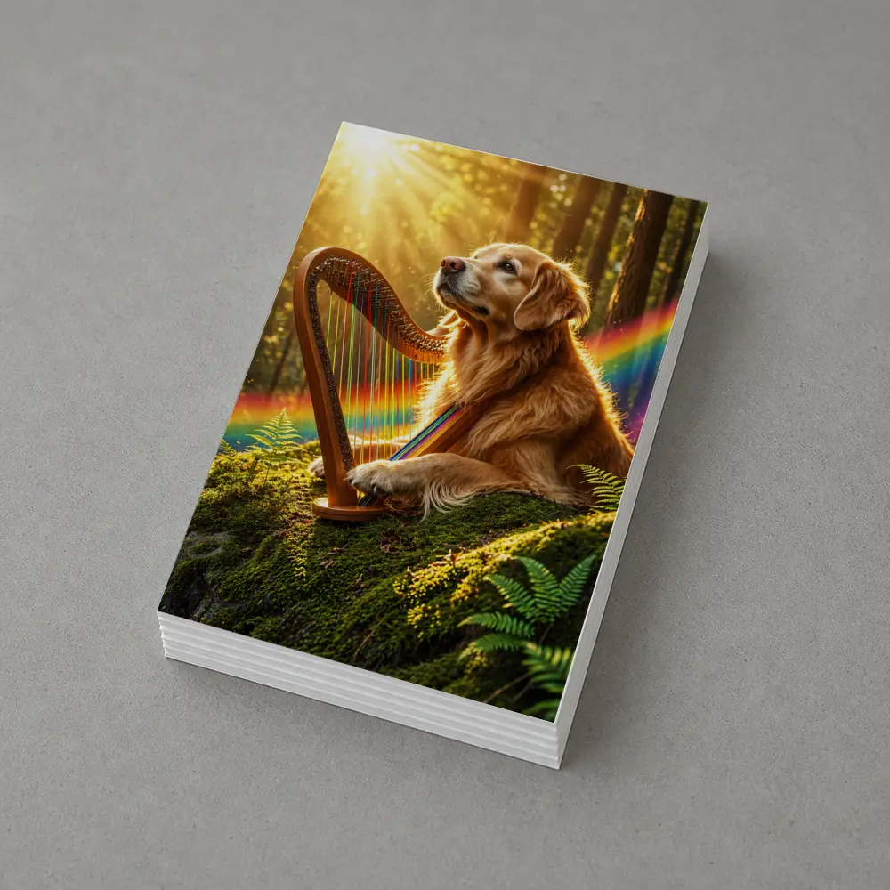 Golden Retriever Playing Harp Sunny Forest – Postcards