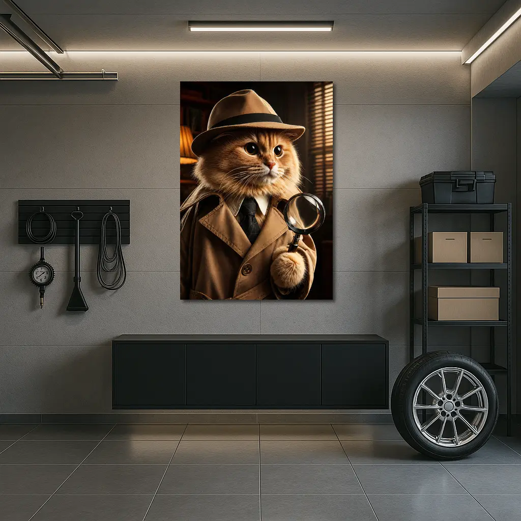 Detective Cat With Magnifying Glass Dark Office – Wall Art