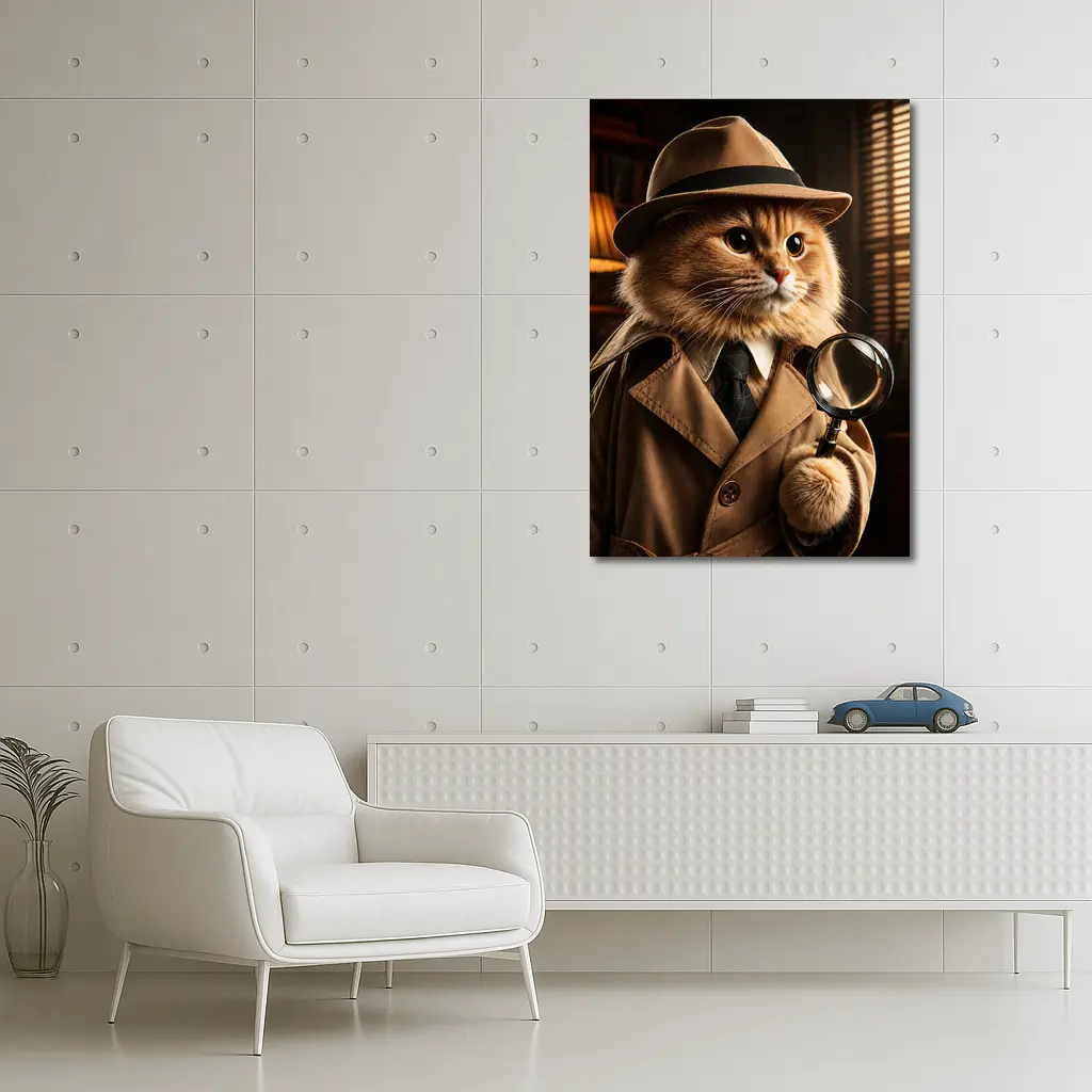 Detective Cat With Magnifying Glass Dark Office – Wall Art