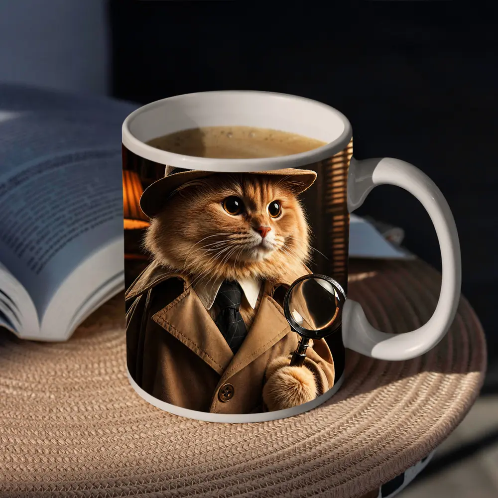 Detective Cat With Magnifying Glass Dark Office – Mugs