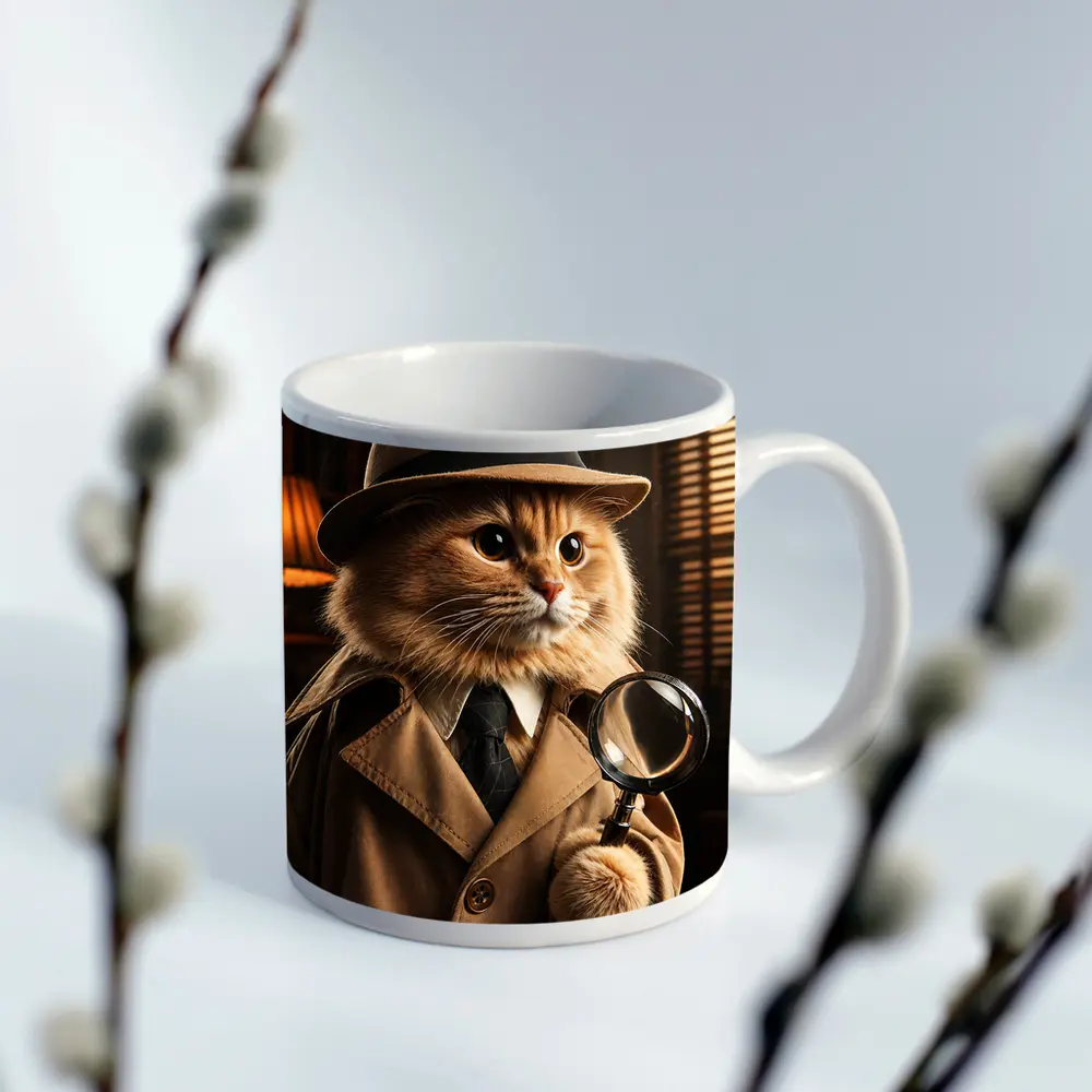 Detective Cat With Magnifying Glass Dark Office – Mugs