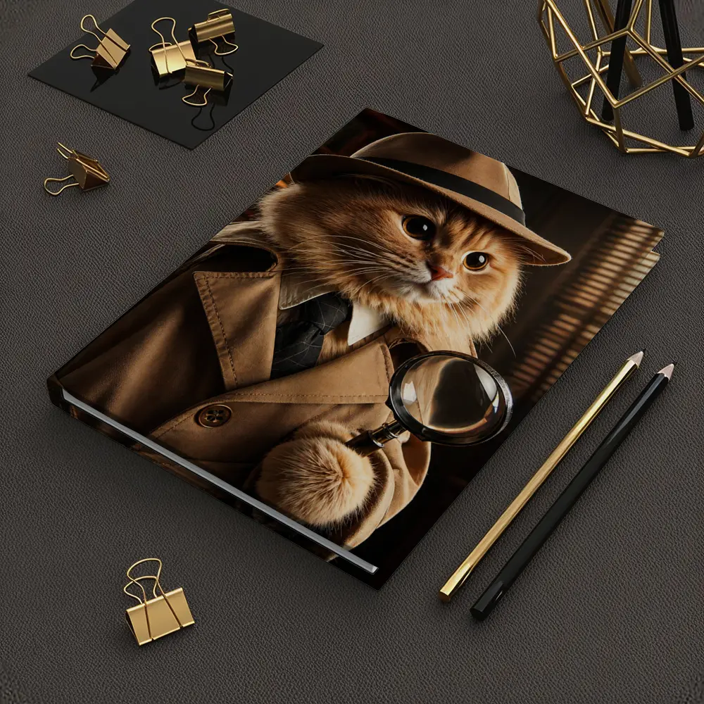 Detective Cat With Magnifying Glass Dark Office – Notebooks
