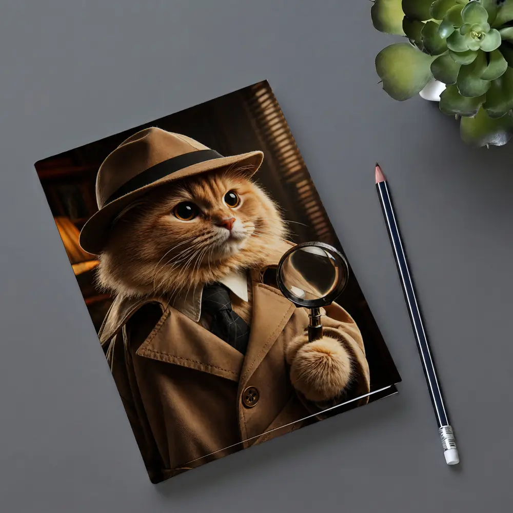 Detective Cat With Magnifying Glass Dark Office – Notebooks