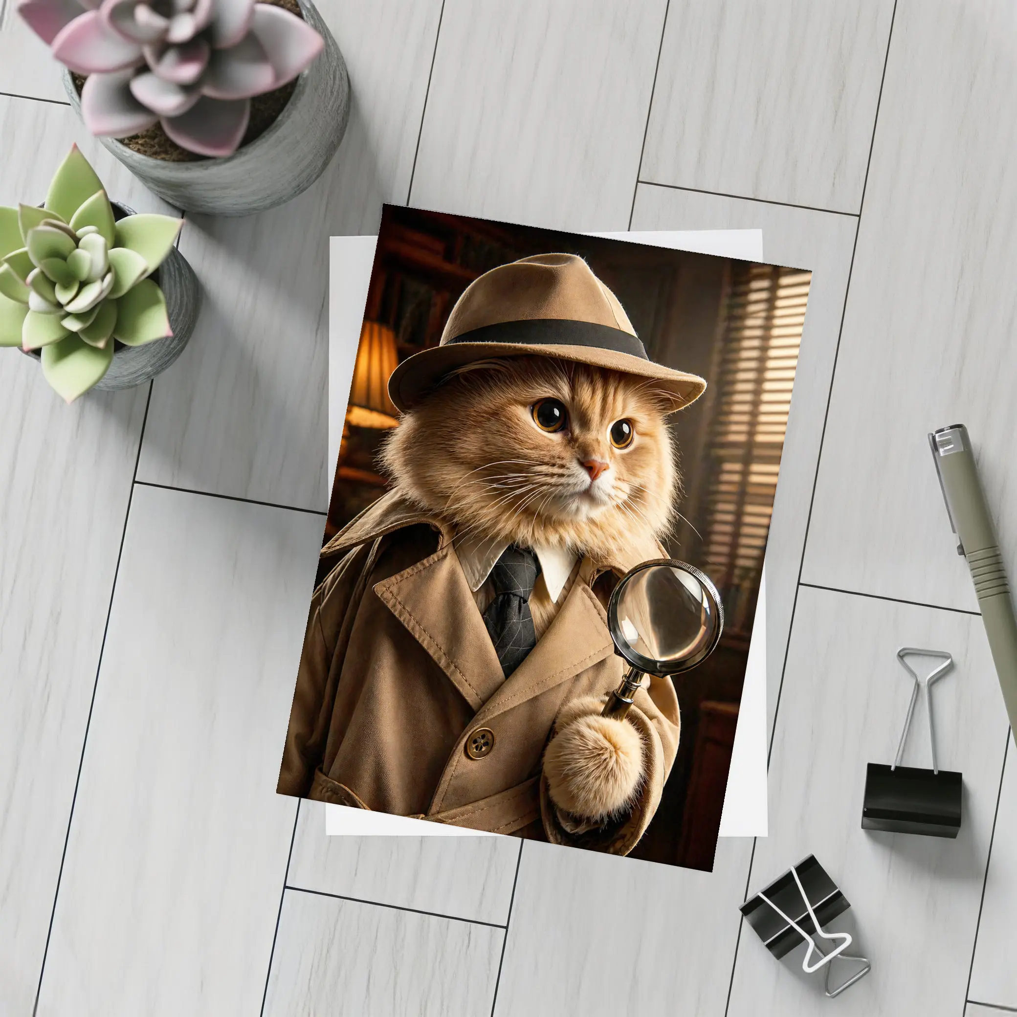 Detective Cat With Magnifying Glass Dark Office – Postcards