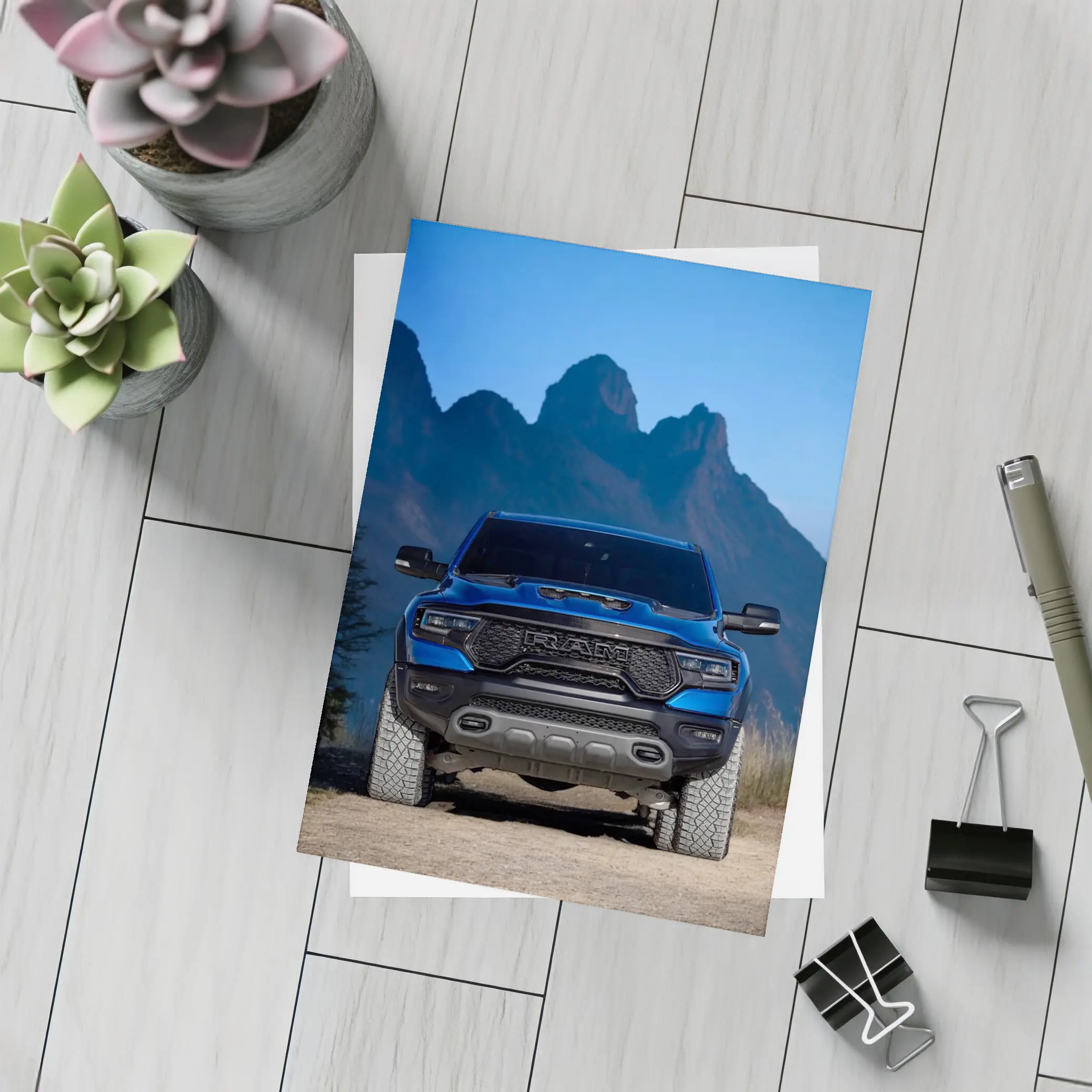 Ram TRX Blue Truck Mountain Background – Postcards