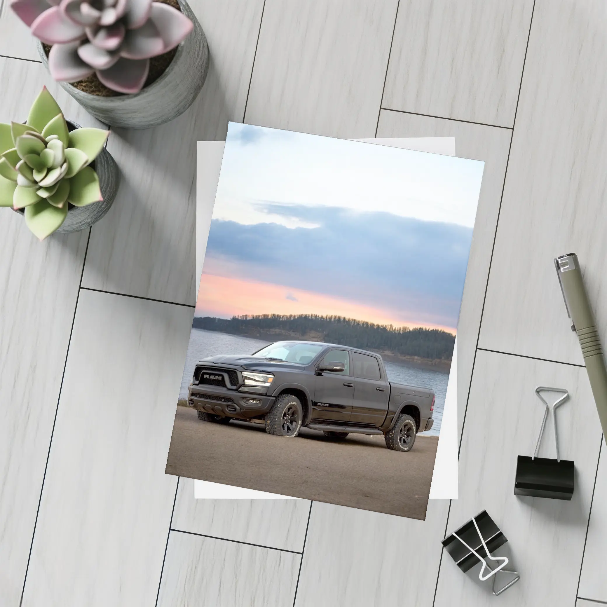 Ram Truck Black Parked By Lake Sunset – Postcards