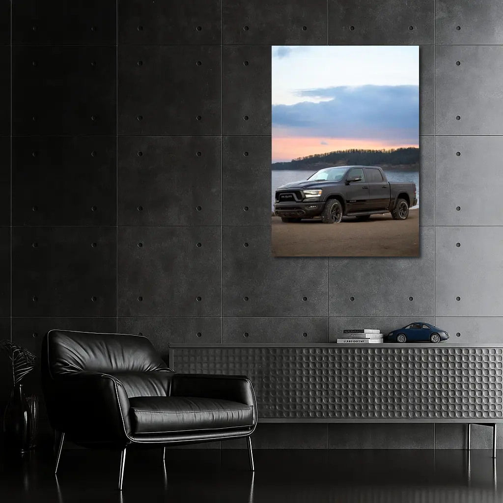 Ram Truck Black Parked By Lake Sunset – Wall Art