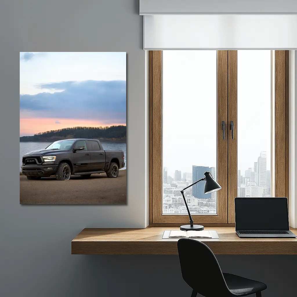 Ram Truck Black Parked By Lake Sunset – Wall Art