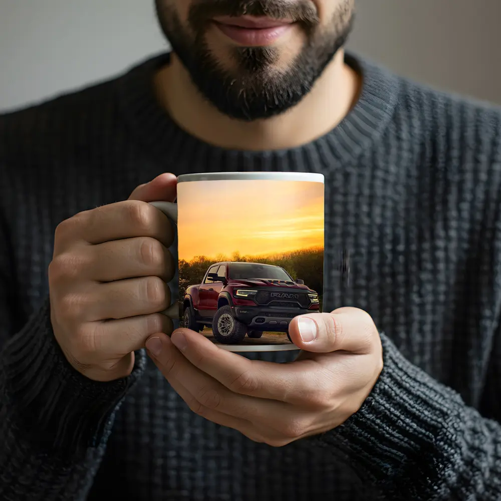 Ram Truck Parked Against Golden Sunset Sky – Mugs
