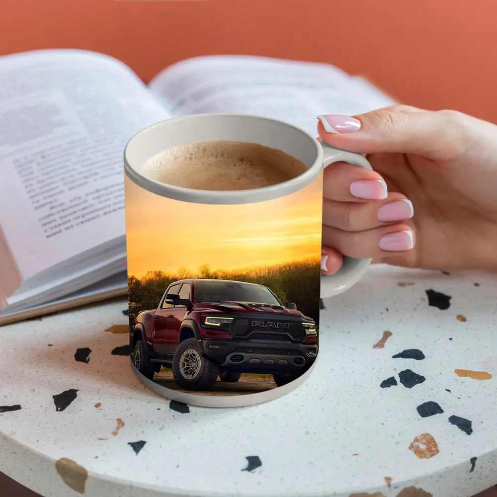 Ram Truck Parked Against Golden Sunset Sky – Mugs