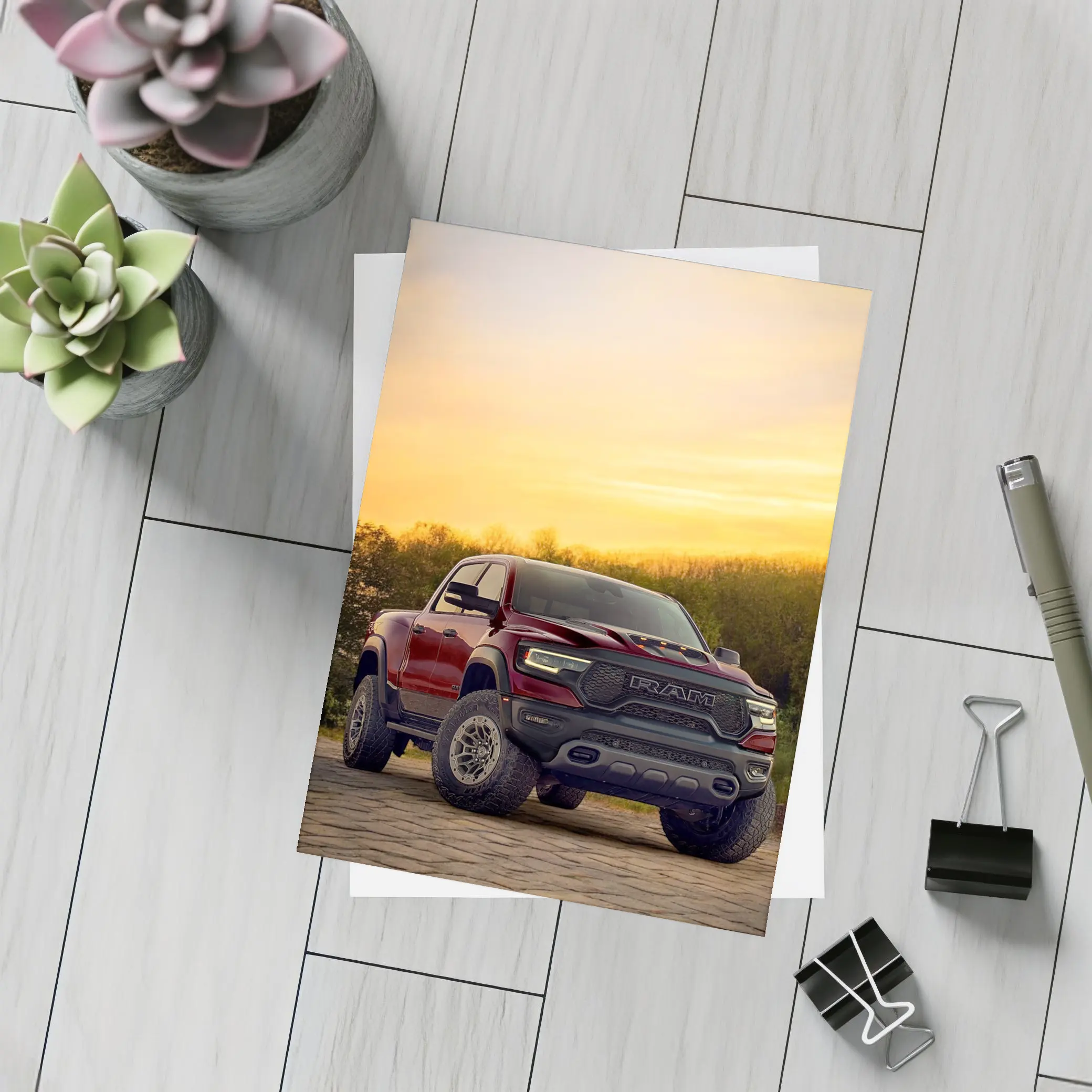 Ram Truck Parked Against Golden Sunset Sky – Postcards