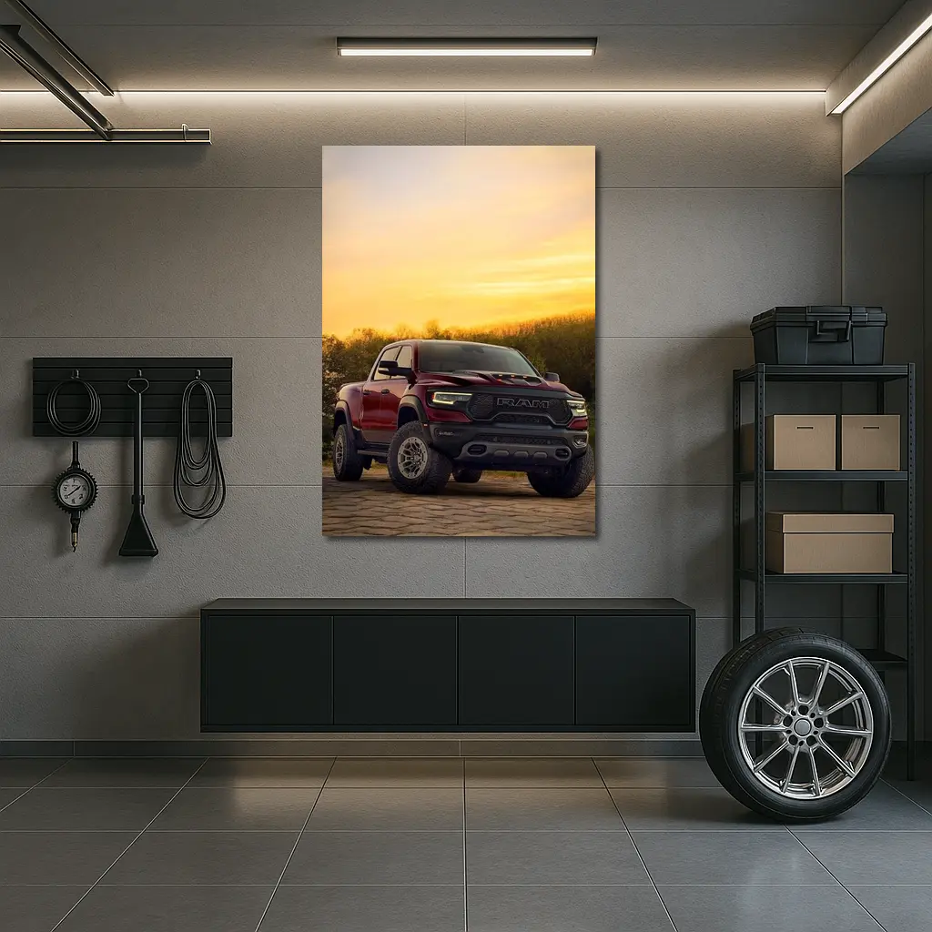 Ram Truck Parked Against Golden Sunset Sky – Wall Art